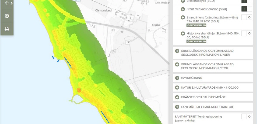 Utsnitt ur en karta där sårbarheten för stranderosion visas med olika färger.