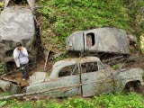 Tre gamla rostiga bilar har dumpats i naturen. En person står och pratar i mobil.