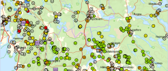 Skärmklipp av karta med potentiellt förorenade områden från Geodata.se