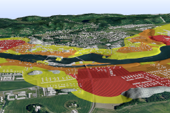 En 3D-karta över en del av Göta älv med riskområden för jordskred utmärkta i gult, orange och rött för att markera olika nivåer av risk.