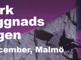 Vit text Markbyggnadsdagen 5 december, Malmö. Bakgrund lila och grå färgfält ovanpå bilder av klippor och vattenstänk