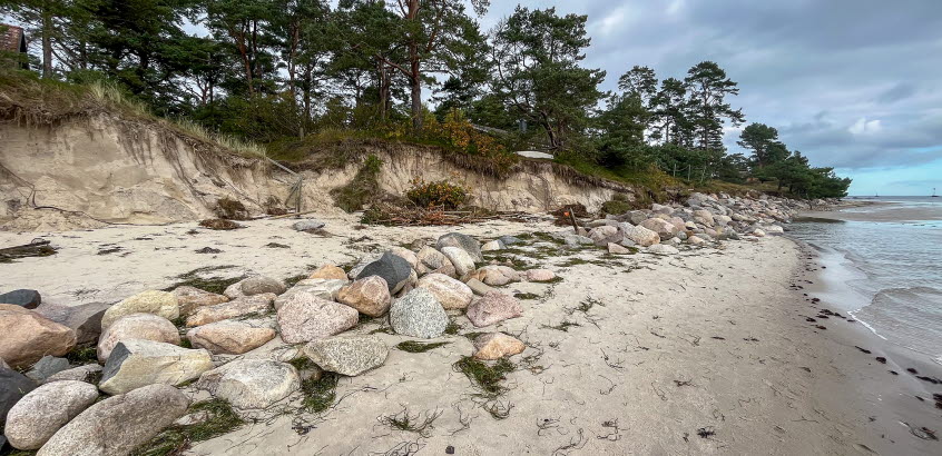 Bilden visar en strand i Skåne med erosionsskador